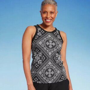 Lands' End Women's UPF 50 Bandana Print High Neck Tankini Top - Black L 14-16
